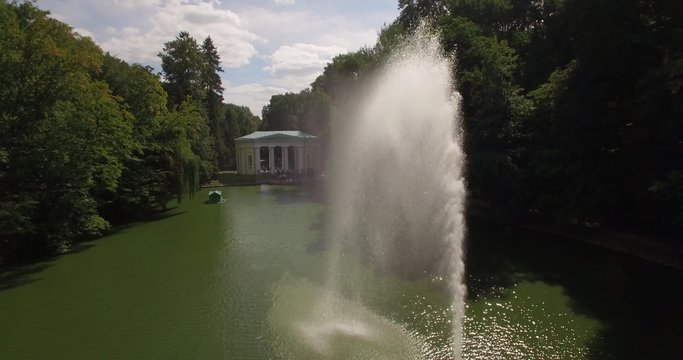 Aerial filming in picturesque and romantic dendrological park