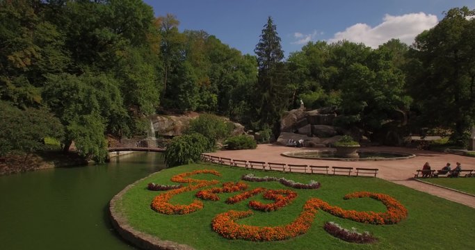 Aerial filming in picturesque and romantic dendrological park
