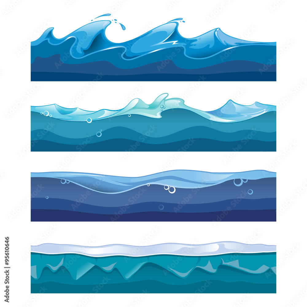 Poster seamless ocean, sea, water waves vector backgrounds set for ui game in cartoon design style