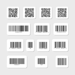 Bar and QR codes on white vector stickers set