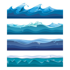 Seamless ocean, sea, water waves vector backgrounds set for ui game in cartoon design style