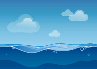 Fototapeta na wymiar Water ocean seamless landscape with sky and clouds. Cartoon background for game design