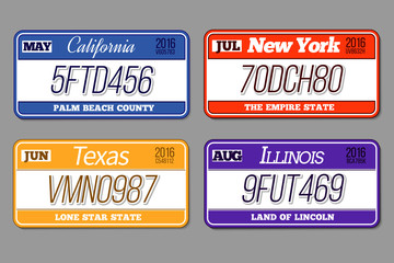 License car number plates vector set. California, New York, Texas, Illinois