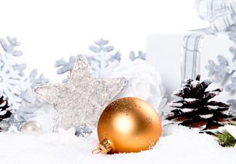 Fototapeta na wymiar Christmas decoration in snow, holiday background