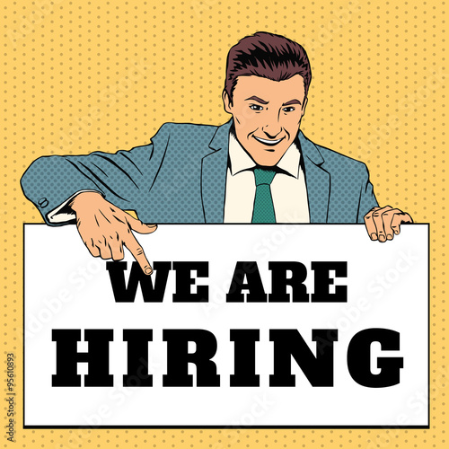 Man With We Are Hiring Banner Vector Illustration In Retro Pop