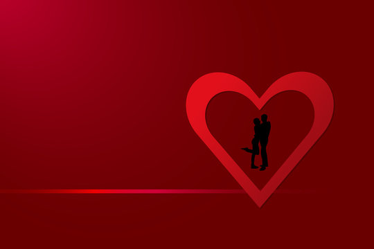 Black silhouette of a couple is standing in a red frame in the shape of a heart with gradient horizontal link. Everything is on a red background with light in the upper left corner.