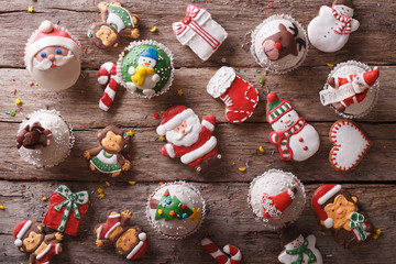 Christmas sweets closeup on a wooden table. Horizontal top view
