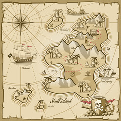 Naklejki  Mapa wektorowa wyspy skarbów w stylu wyciągnąć rękę