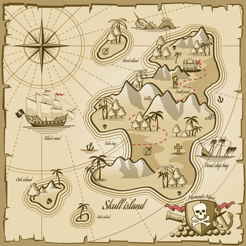 Treasure island vector map in hand drawn style