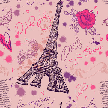 Paris. Vintage seamless pattern with Eiffel Tower, flowers, feathers and text. Retro hand drawn vector illustration.