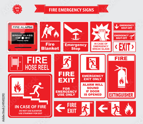 "Fire Emergency signs (emergency shut-off, break glass ...