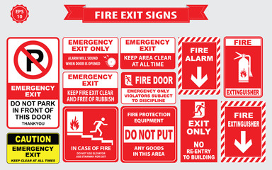 Set of emergency exit Sign (fire exit, emergency exit, fire extinguisher, fire door, do not park in front door).