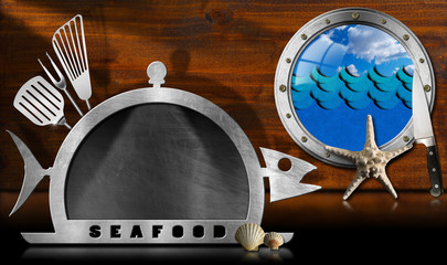 Blackboard Fish Shaped - In the Kitchen / Blackboard in the shape of fish and serving dome with kitchen utensils, porthole with sea waves, seashells, starfish and kitchen knife