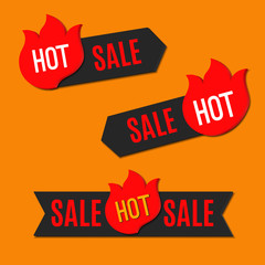 Hot Sale Stickers shaped as Burning Match. Set. Vector labels, icons, emblems isolated with shadow on the background. Easy paste to any background and add custom signs or text. Modern 3d style.