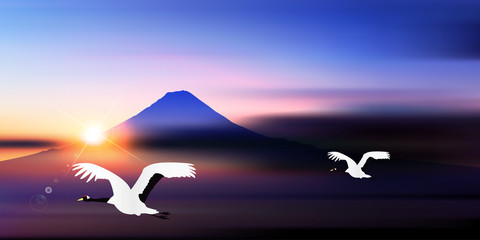 Fototapeta na wymiar 富士山　鶴　日の出　背景