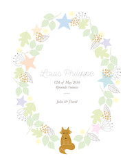Baby announcement card with a hand drawn fox and flowers. Vector design.