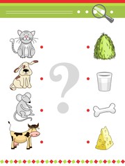 Matching game for preschool children book. Cartoon vector animals and their food