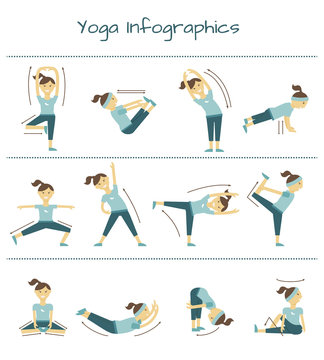 Spine, neck and muscle pain exercises. Vector yoga infographics