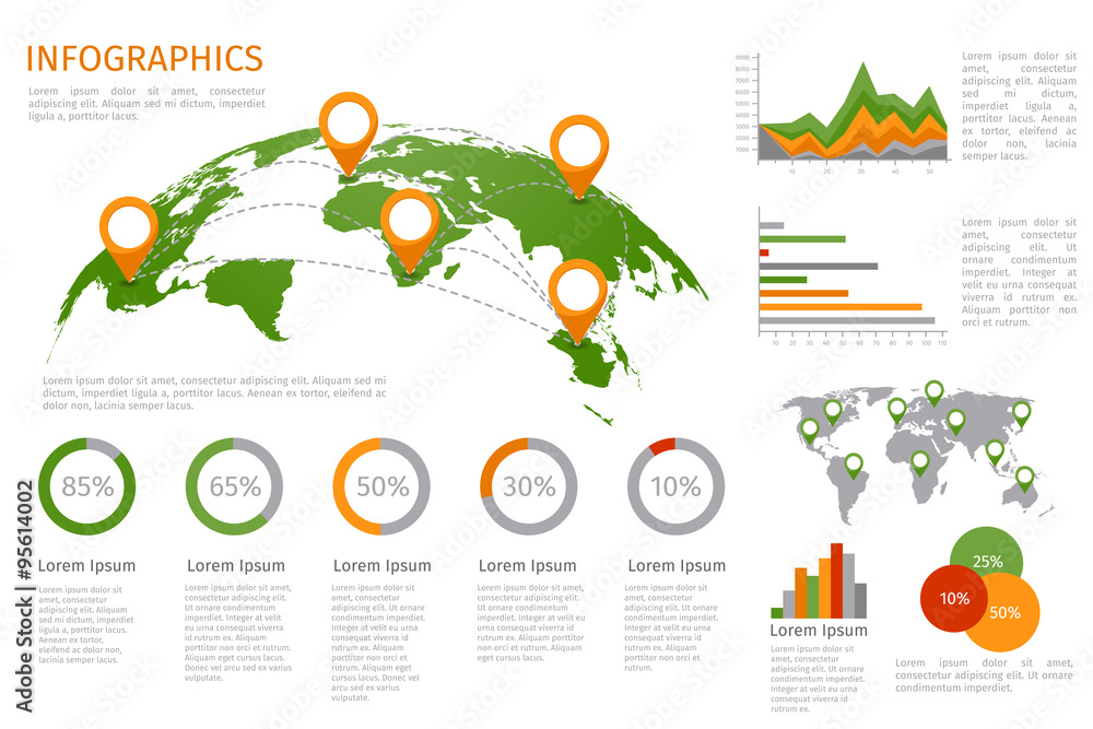 Poster world map 3d with set of infographics elements