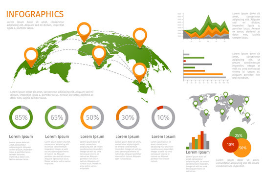 World map 3D with set of infographics elements