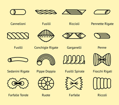 Different pasta types vector line icons set