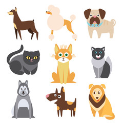 Collection of Cats and Dogs Different Breeds. Flat Vector Illustration