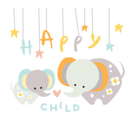 Small Elephant with Mom. Vector Illustration in Flat Style