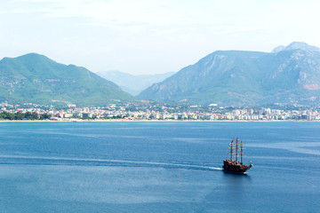Beautiful wooden ship in the Mediterranean sea, Turkey