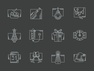 White line New Year celebration icons set