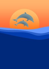 Two dolphins leaping above the waves of sea level at sunset with the setting orange sun in background and orange sky