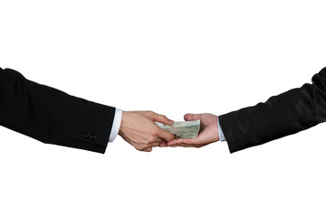 Close-up Of Person Hand Giving Money To Other Hand , isolated on white.