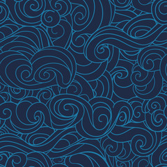 dark Blue waving curls marine, sea pattern, ocean. 