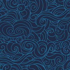 dark Blue waving curls marine, sea pattern, ocean. 