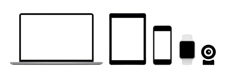 Modern laptop, tablet, phone, watch and webcam