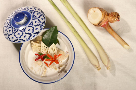 chicken soup with coconut milk mixed herb galangal and lemongrass thai food  call " tom ka kai" 