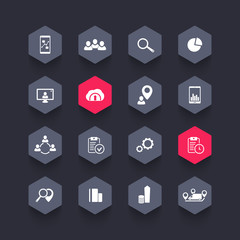 16 business hexagon icons pack, vector illustration