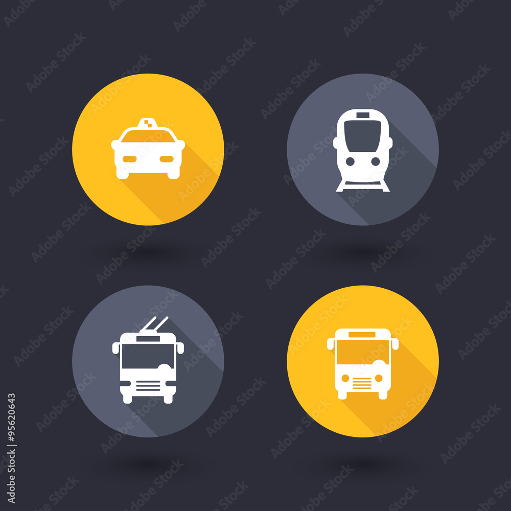 Canvas Prints City transport, round flat icons, subway, taxi, bus, trolleybus, vector illustration