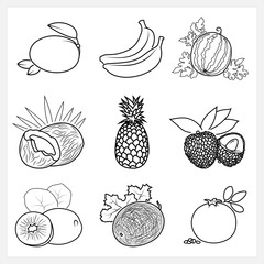 Set of Fruit Linear Icons ,Icons Mango, Banana,Watermelon, Coconut, Pineapple, Lichee,Kiwifruit,Melon, Pomegranate, Isolated on White Background , Vector Illustration