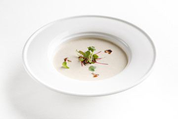 Closeup of a plate of mushroom cream soup.