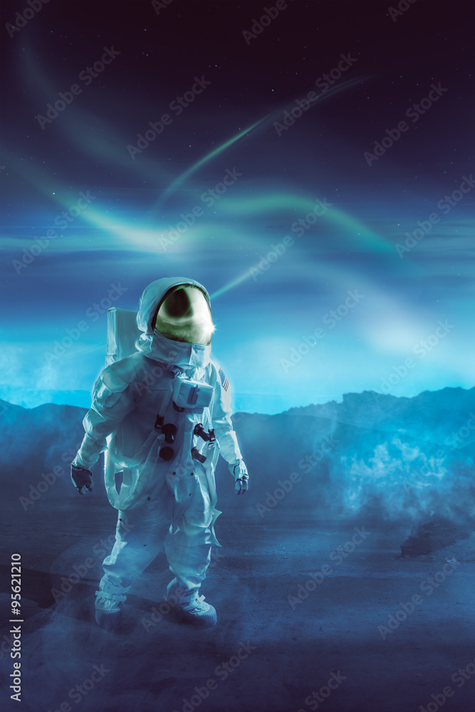 Sticker astronaut walking on an unexplored planet