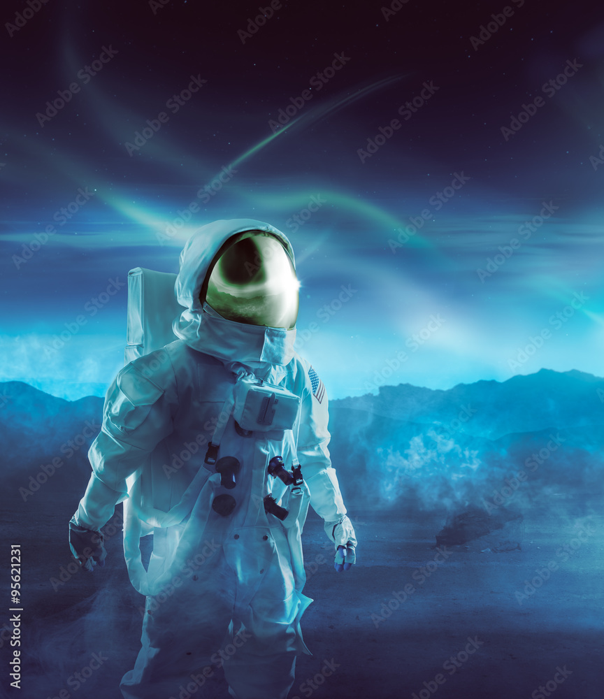 Sticker astronaut walking on an unexplored planet