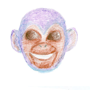 Crayon hand drawn head of blue smiling monkey