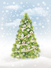 Christmas tree and snowflakes - background for greeting card.