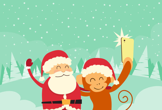 Santa Clause Christmas Monkey Cartoon Character Taking Selfie Photo On Smart Phone