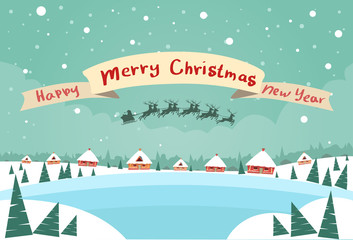Merry Christmas and Happy New Year Banner Santa Claus Sleigh Reindeer