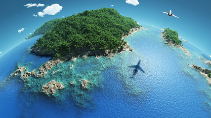 aircraft flies over a tropical islands