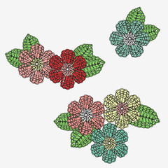 Crochet flowers with leaves.