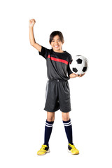 Young asian girl holding soccer ball and hand up, Isolated over white