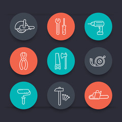 construction tools line round color icons, vector illustration