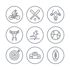 different kind of sports, line icons in circles, vector illustration
